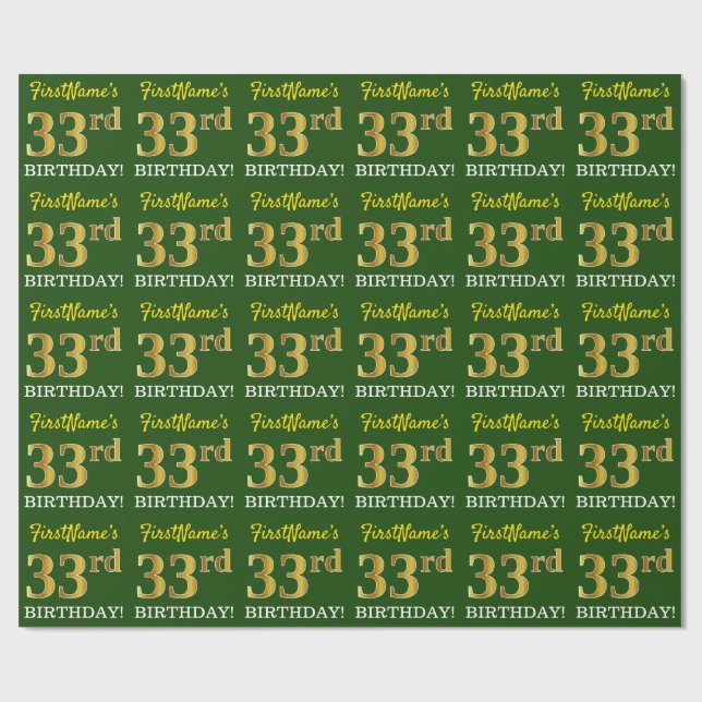 Green, Imitation Gold Look "33rd BIRTHDAY" Wrapping Paper (Flat)