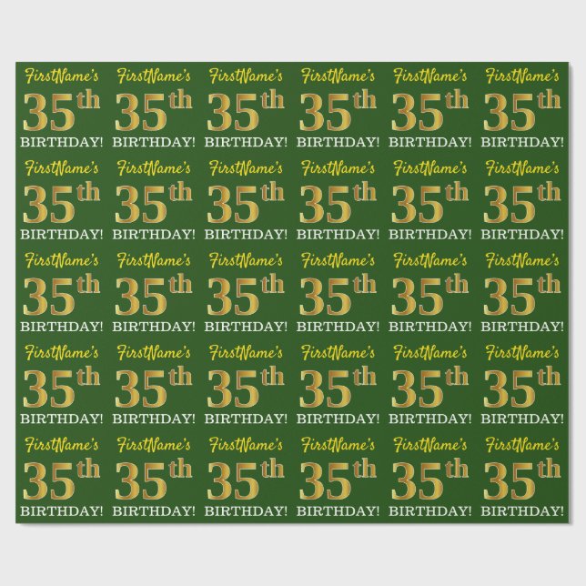Green, Imitation Gold Look "35th BIRTHDAY" Wrapping Paper (Flat)
