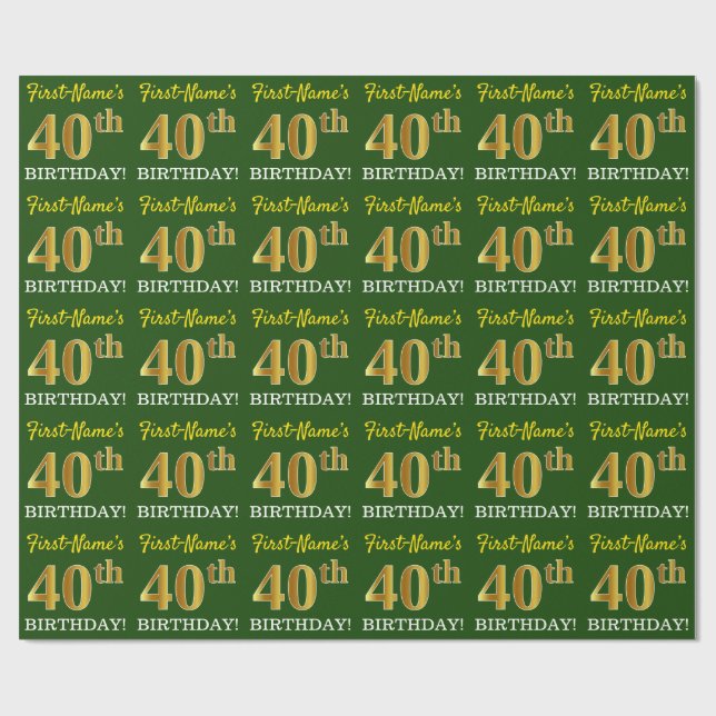 Green, Imitation Gold Look "40th BIRTHDAY" Wrapping Paper (Flat)