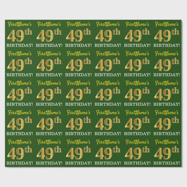 Green, Imitation Gold Look "49th BIRTHDAY" Wrapping Paper (Flat)