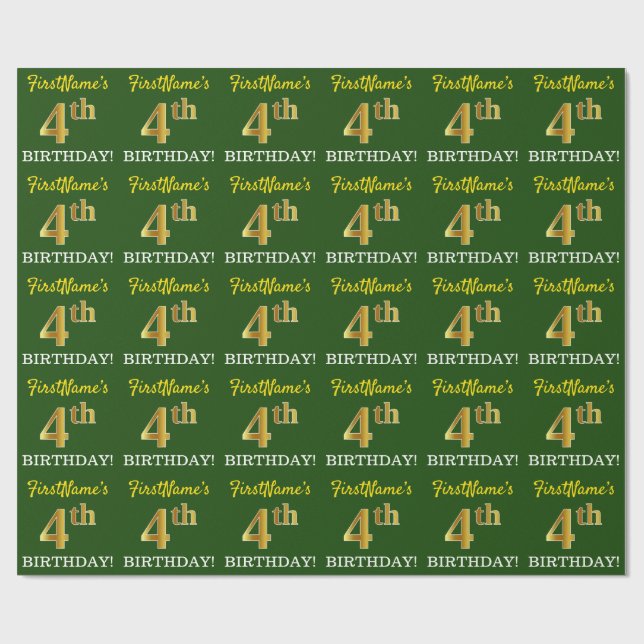 Green, Imitation Gold Look "4th BIRTHDAY" Wrapping Paper (Flat)