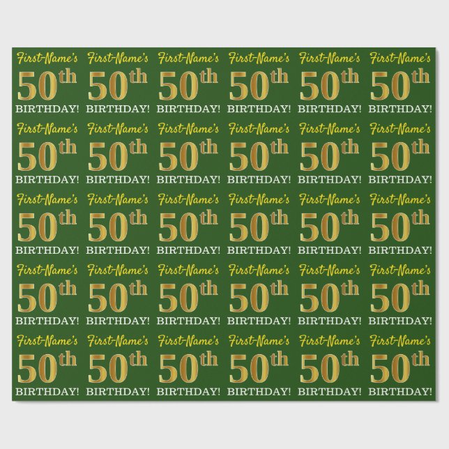 Green, Imitation Gold Look "50th BIRTHDAY" Wrapping Paper (Flat)