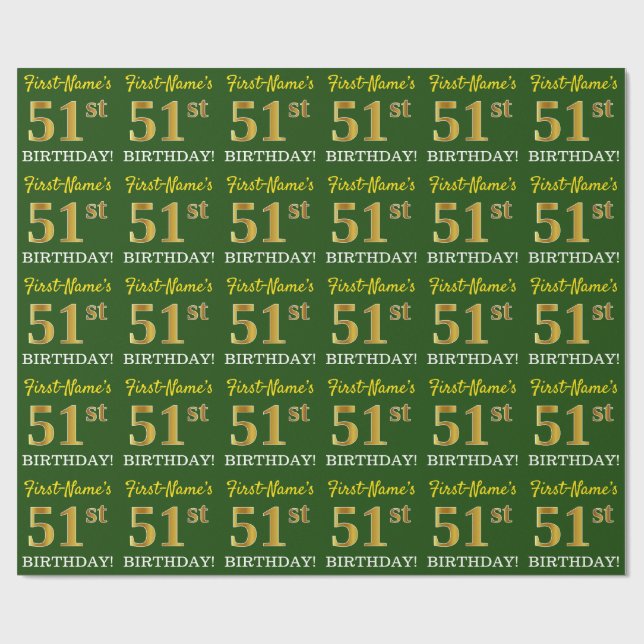 Green, Imitation Gold Look "51st BIRTHDAY" Wrapping Paper (Flat)
