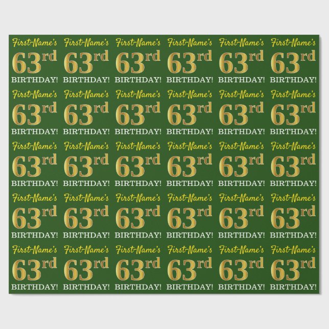 Green, Imitation Gold Look "63rd BIRTHDAY" Wrapping Paper (Flat)