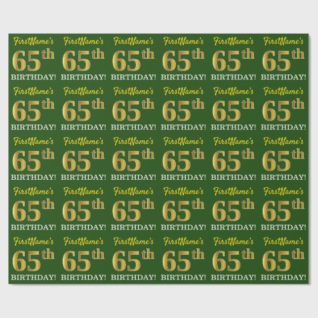 Green, Imitation Gold Look "65th BIRTHDAY" Wrapping Paper (Flat)