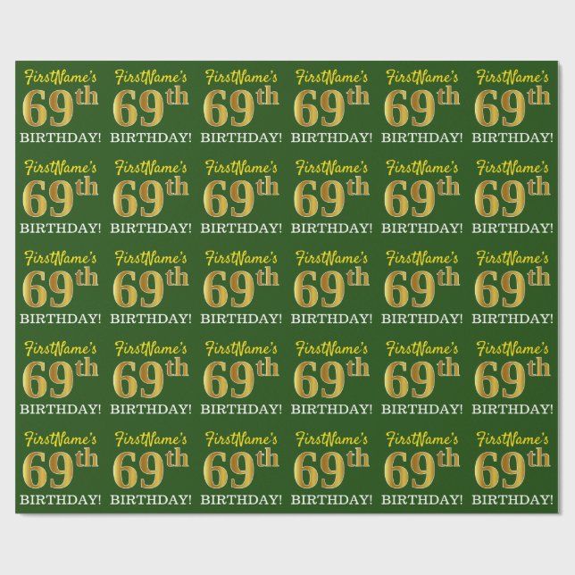Green, Imitation Gold Look "69th BIRTHDAY" Wrapping Paper (Flat)