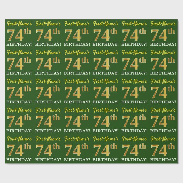 Green, Imitation Gold Look "74th BIRTHDAY" Wrapping Paper (Flat)