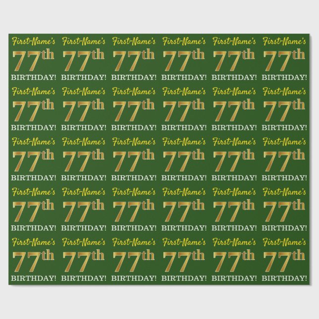 Green, Imitation Gold Look "77th BIRTHDAY" Wrapping Paper (Flat)