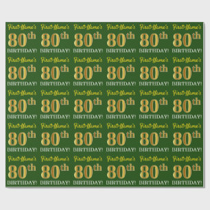 Green, Imitation Gold Look "80th BIRTHDAY" Wrapping Paper