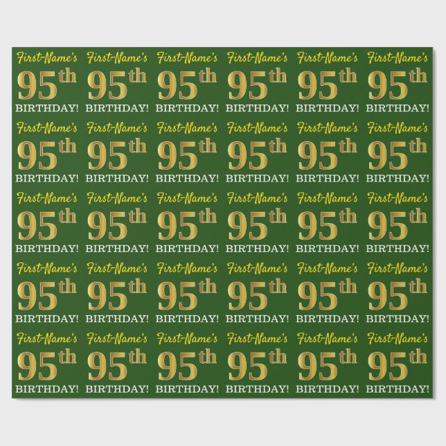 Green, Imitation Gold Look "95th BIRTHDAY" Wrapping Paper (Flat)