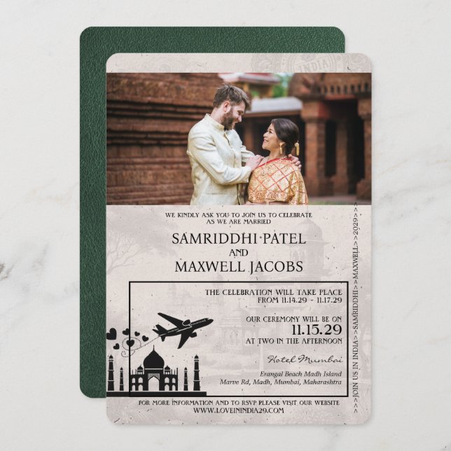 Green India Passport Wedding Invitation (Front/Back)