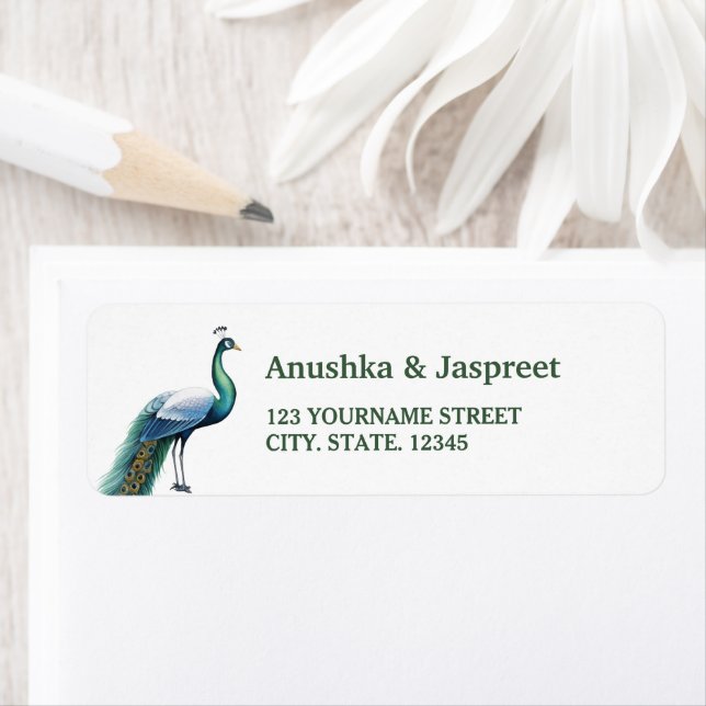 Green Indian Peacock Wedding Return Address (Insitu)