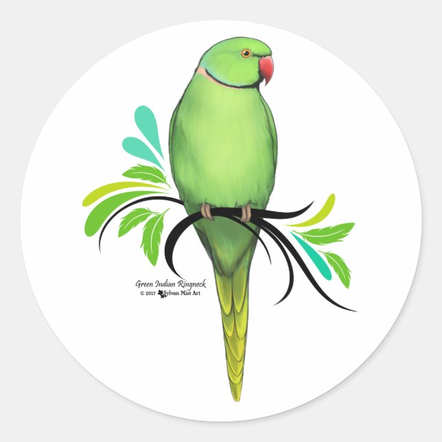 Green Indian Ringneck Parrot Classic Round Sticker (Front)