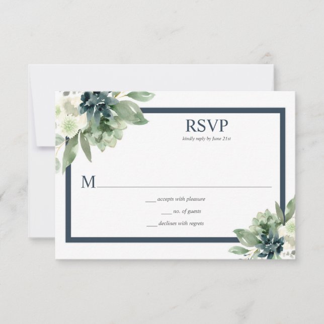 Green & Indigo Blue Watercolor Succulents RSVP Card (Front)