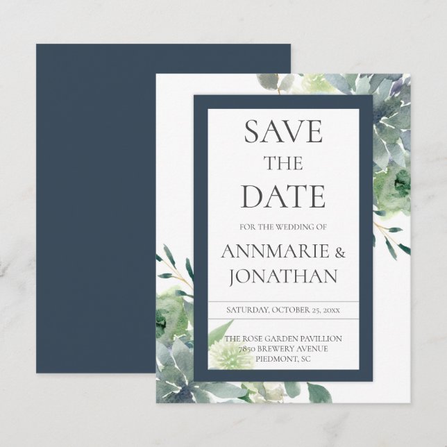 Green & Indigo Succulents White Flowers Wedding Invitation (Front/Back)