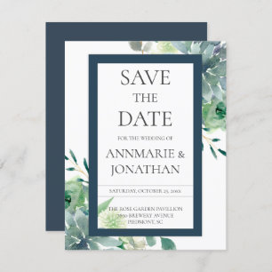 Green & Indigo Succulents White Flowers Wedding Invitation