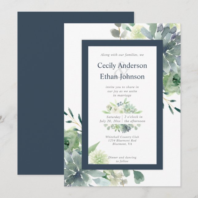 Green & Indigo Succulents White Flowers Wedding Invitation (Front/Back)