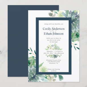 Green & Indigo Succulents White Flowers Wedding Invitation
