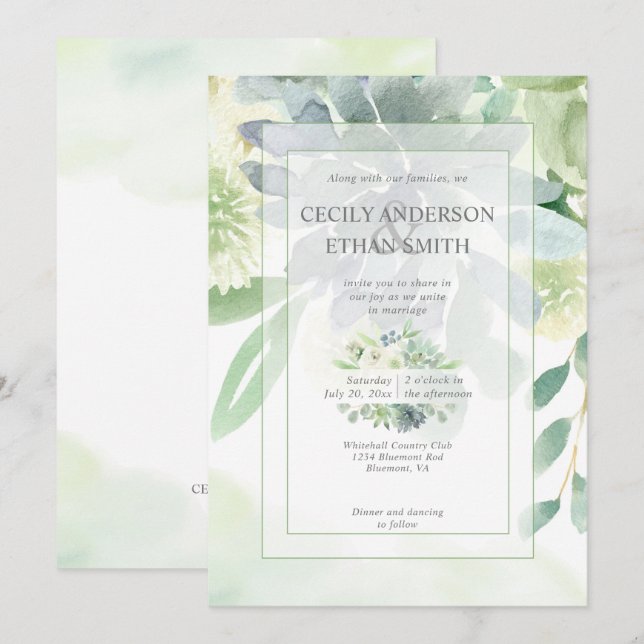 Green & Indigo Succulents White Flowers Wedding Invitation (Front/Back)