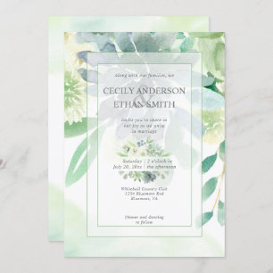 Green & Indigo Succulents White Flowers Wedding Invitation