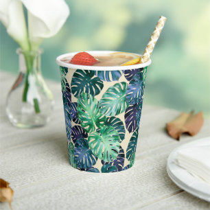 Green & Indigo Tropical Monstera Leaves Paper Cups