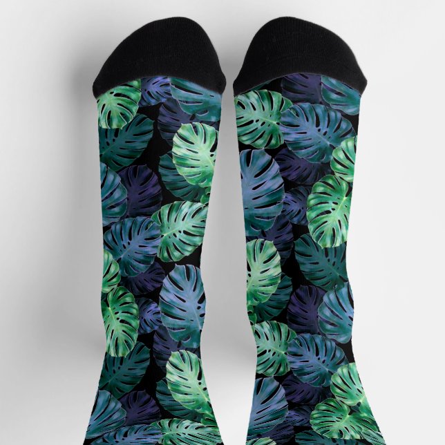 Green & Indigo Tropical Monstera Leaves Socks (Top)