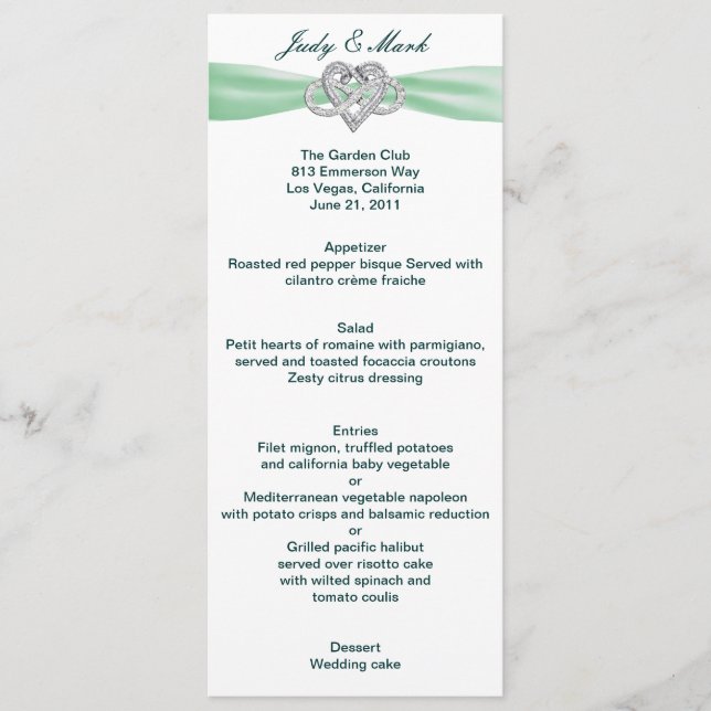 Green Infinity Heart Wedding Menu Card (Front)