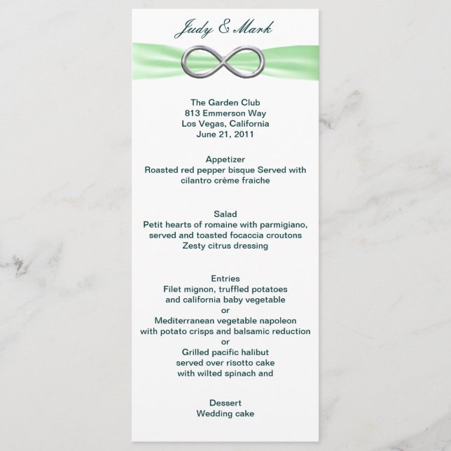 Green Infinity Wedding Menu Card (Front)