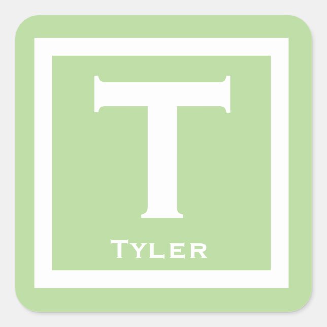 Green Initial Name Kids Boy Party Back to School Square Sticker (Front)