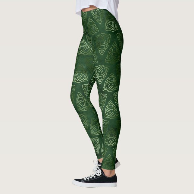 Green Irish Celtic Knot Trinity Triangle Pattern Leggings (Left)
