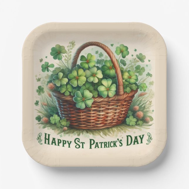Green Irish Clover St Patrick's Day Paper Plate (Front)
