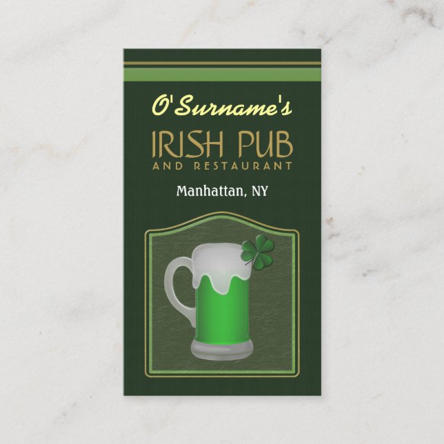 Green Irish Pub Manager Bar Tender Business Cards (Front)