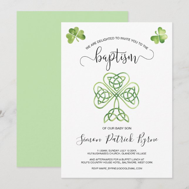Green Irish Shamrock & Celtic Knot Baptism Invitation (Front/Back)