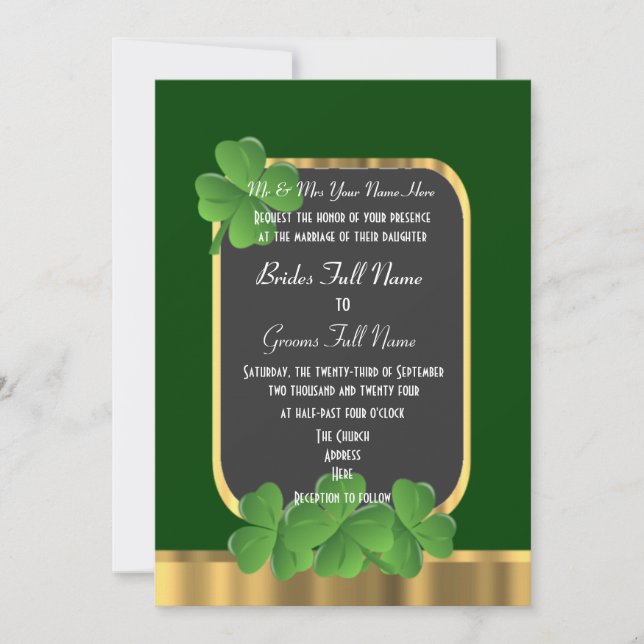 Green Irish shamrock clover wedding Invitation (Front)