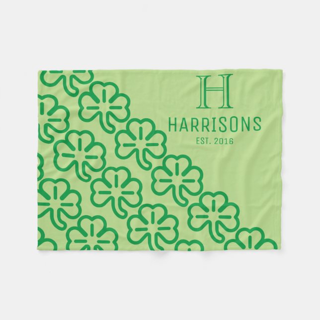 Green Irish Shamrock Personalised Family Name Fleece Blanket (Front (Horizontal))