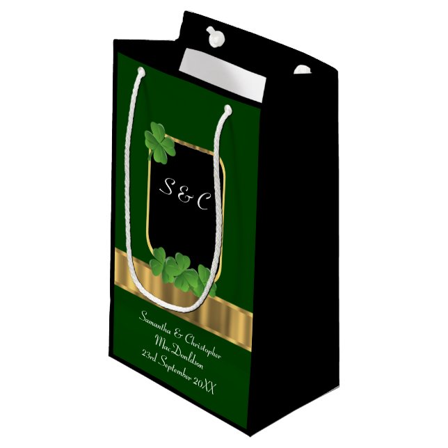 Green Irish shamrock personalised wedding Small Gift Bag (Front Angled)