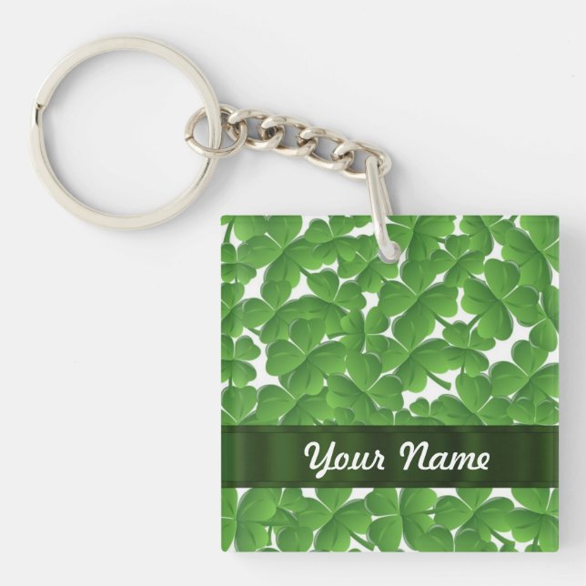 Green Irish shamrocks personalised Key Ring (Front)