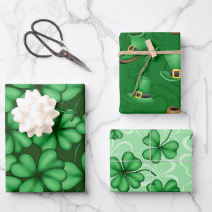 GREEN IRISH SHAMROCKS PIPES TOP HATS WRAPPING PAPER SHEET