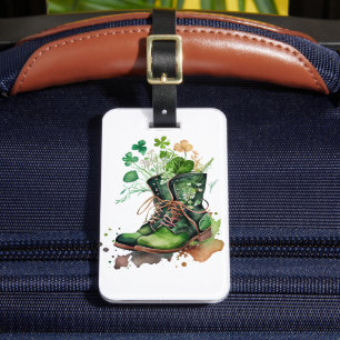 GREEN IRISH WORK BOOTS WITH SHAMROCKS FLOWERS LUGGAGE TAG