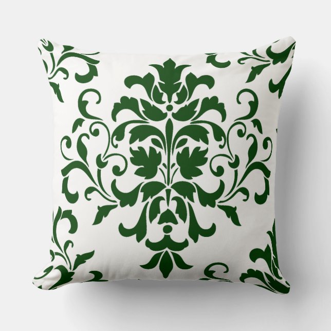 Green is in. Elegant Green Floral Damask On white Cushion (Front)