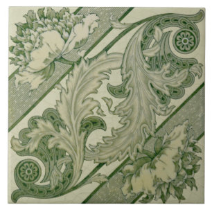 Green Ivory Art Nouveau Peony Antique Repro Tile