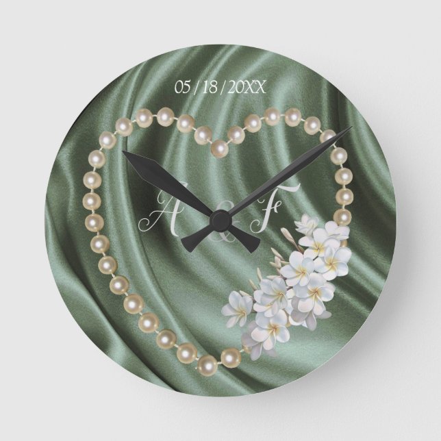 Green,Ivory,Blue,gold Silk & Pearls Round Clock (Front)