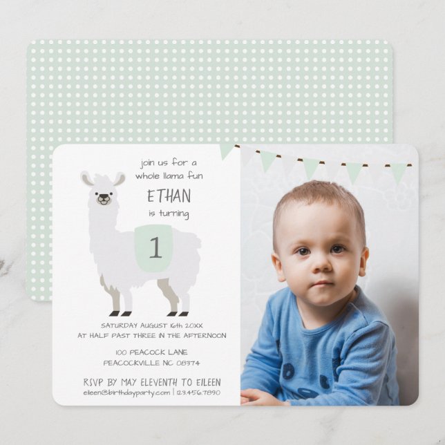 Green & Ivory Cute Llama Kids Birthday Party Invitation (Front/Back)