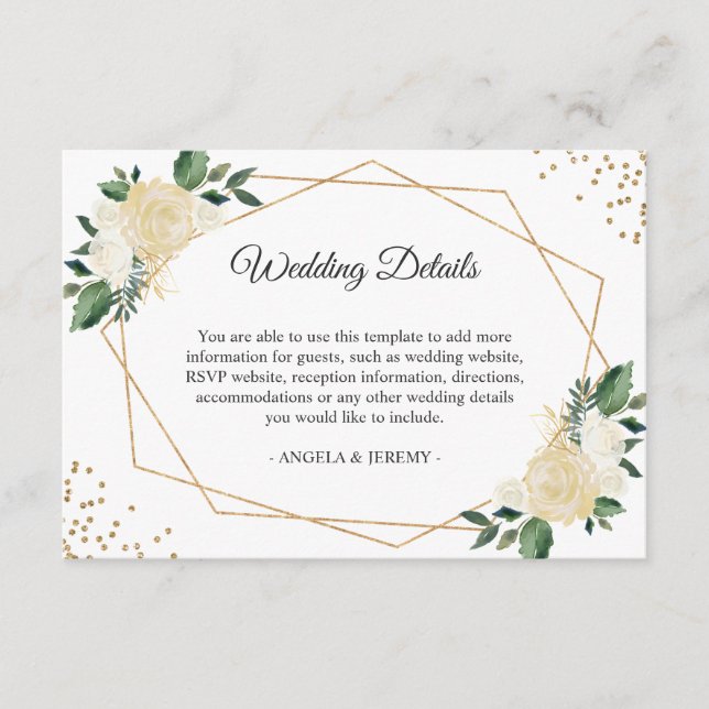 Green Ivory Gold Floral Wedding Reception Details Enclosure Card (Front)