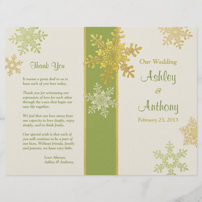 Green Ivory Gold Snowflake Winter Wedding Program (Front)