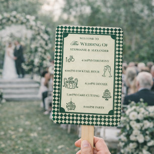 Green & Ivory Old Money Wedding Program Itinerary Hand Fan