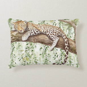 Green Ivy Abstract Jungle Leopard in tree Decorative Cushion