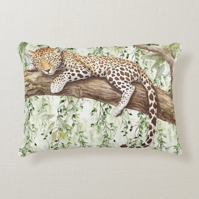 Green Ivy Abstract Jungle Leopard in tree Decorative Cushion (Front)