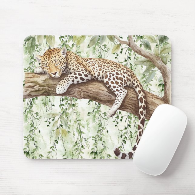 Green Ivy Abstract Jungle Leopard in tree Mouse Mat (With Mouse)