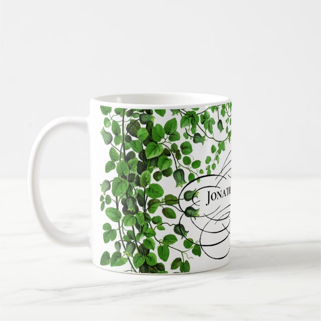 Green Ivy Botanical Monogrammed Name Coffee Mug (Left)